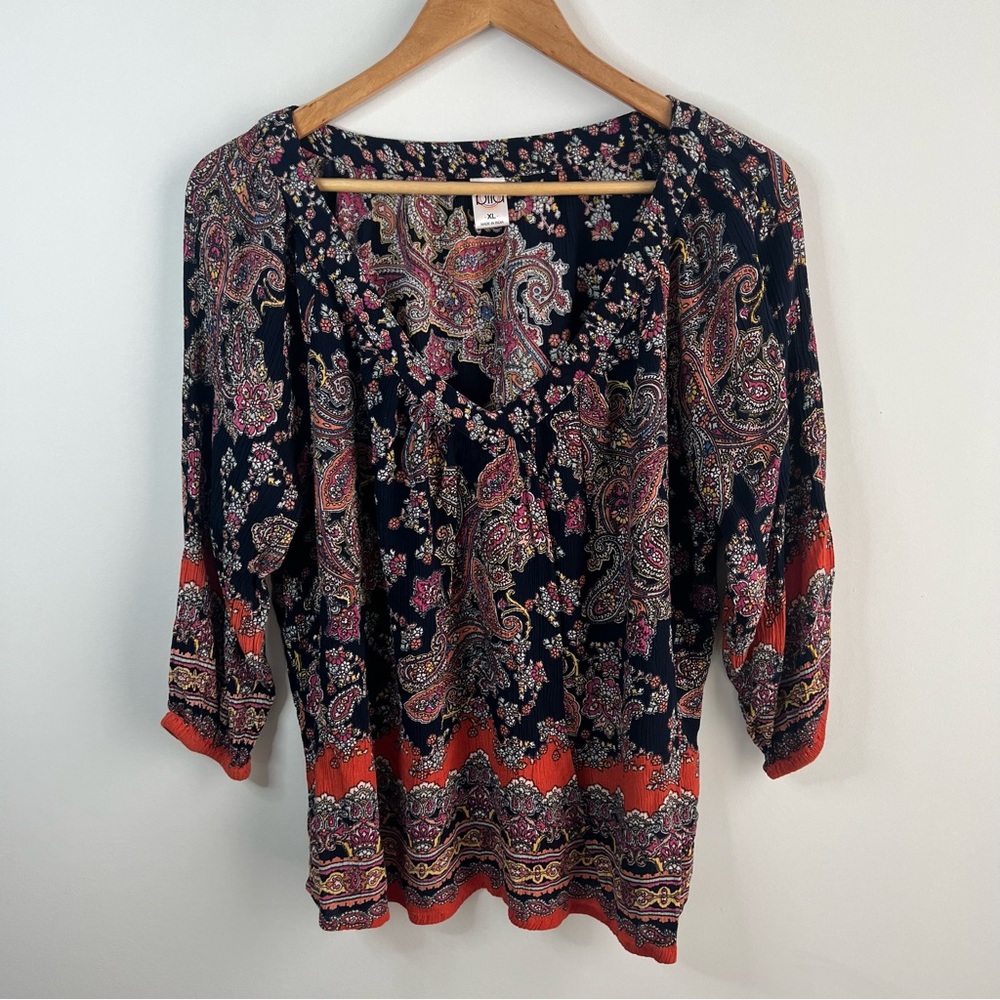 Bila Paisley Blouse in Navy and Coral